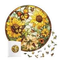 Kulaté dřevěné puzzle - Slunečnice s motýli, A5
