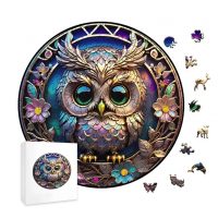 Kulaté dřevěné puzzle - Sovička s květinami, A4