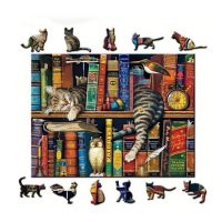 Klasické dřevěné puzzle - Spící kočka v knihovně, A4