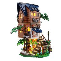 Stavebnice TreeHouse s LED osvětlením - Hnědý s modrou střechou, 956 dílků