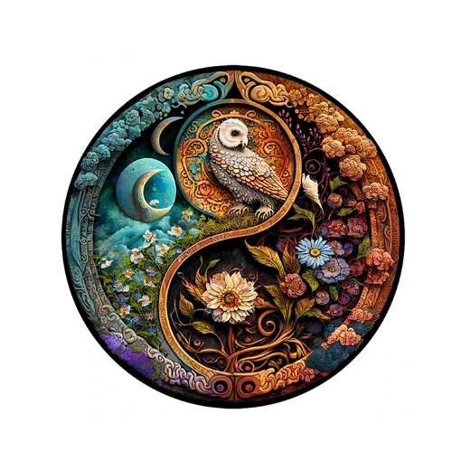 Foto - Kulaté dřevěné puzzle - Yin Yang sova, A3