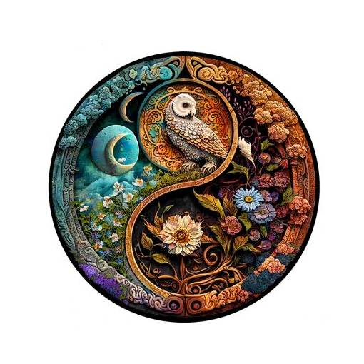 Foto - Kulaté dřevěné puzzle - Yin Yang sova, A4
