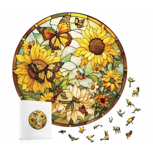 Foto - Kulaté dřevěné puzzle - Slunečnice s motýli, A5