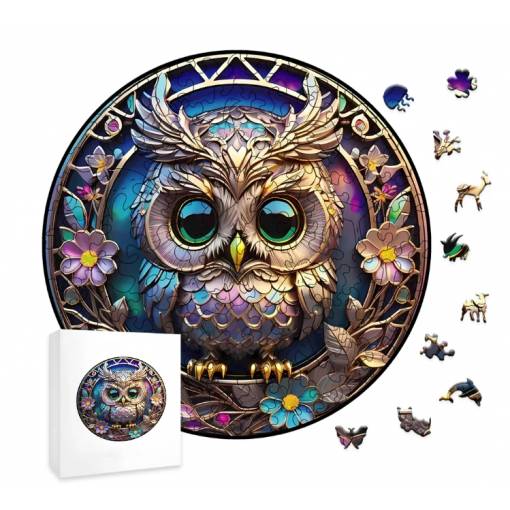 Foto - Kulaté dřevěné puzzle - Sovička s květinami, A5