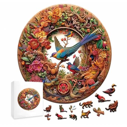 Foto - Kulaté dřevěné puzzle - Ptáčci a květiny, A3