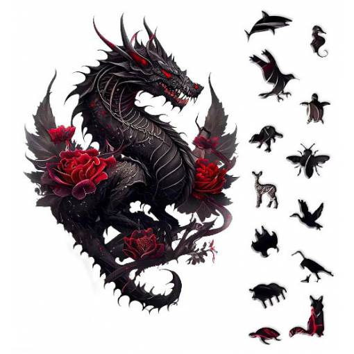 Foto - Dřevěné puzzle - Černo červený drak, A3