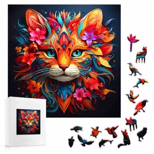 Foto - Klasické dřevěné puzzle - Květinová kočka, A3