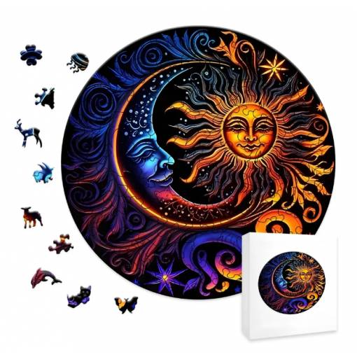 Foto - Kulaté dřevěné puzzle - Yin Yang měsíc a slunce, A5