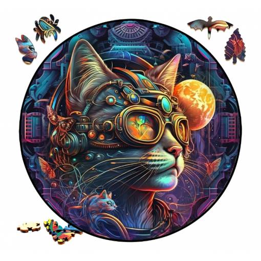 Foto - Kulaté dřevěné puzzle - Mechanický kočičí vesmír, A4