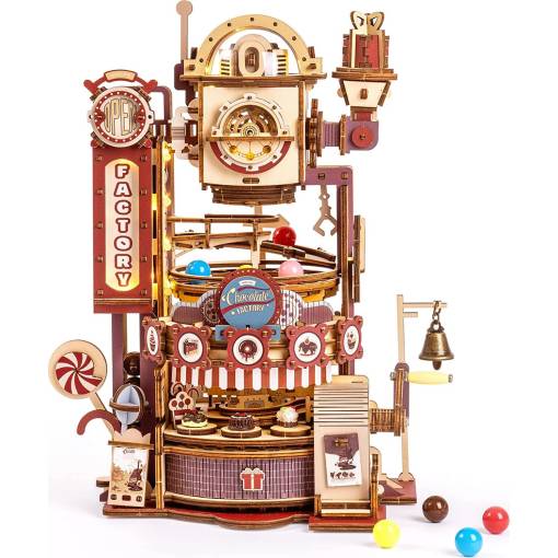 Foto - ROBOTIME Rokr 3D dřevěné puzzle - Kuličková dráha, Továrna na čokoládu s LED světly, 420 dílků