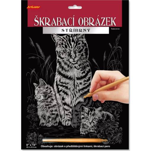 Foto - ARTLOVER Škrabací obrázek stříbrný - Kočka s koťaty, 20 x 25 cm