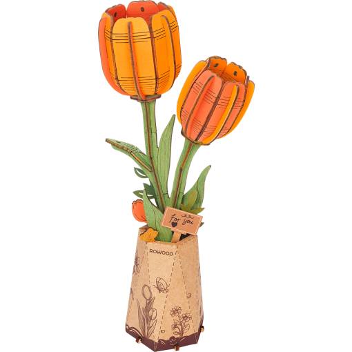 Foto - ROBOTIME Rowood 3D dřevěné puzzle - Oranžové tulipány, 76 dílků
